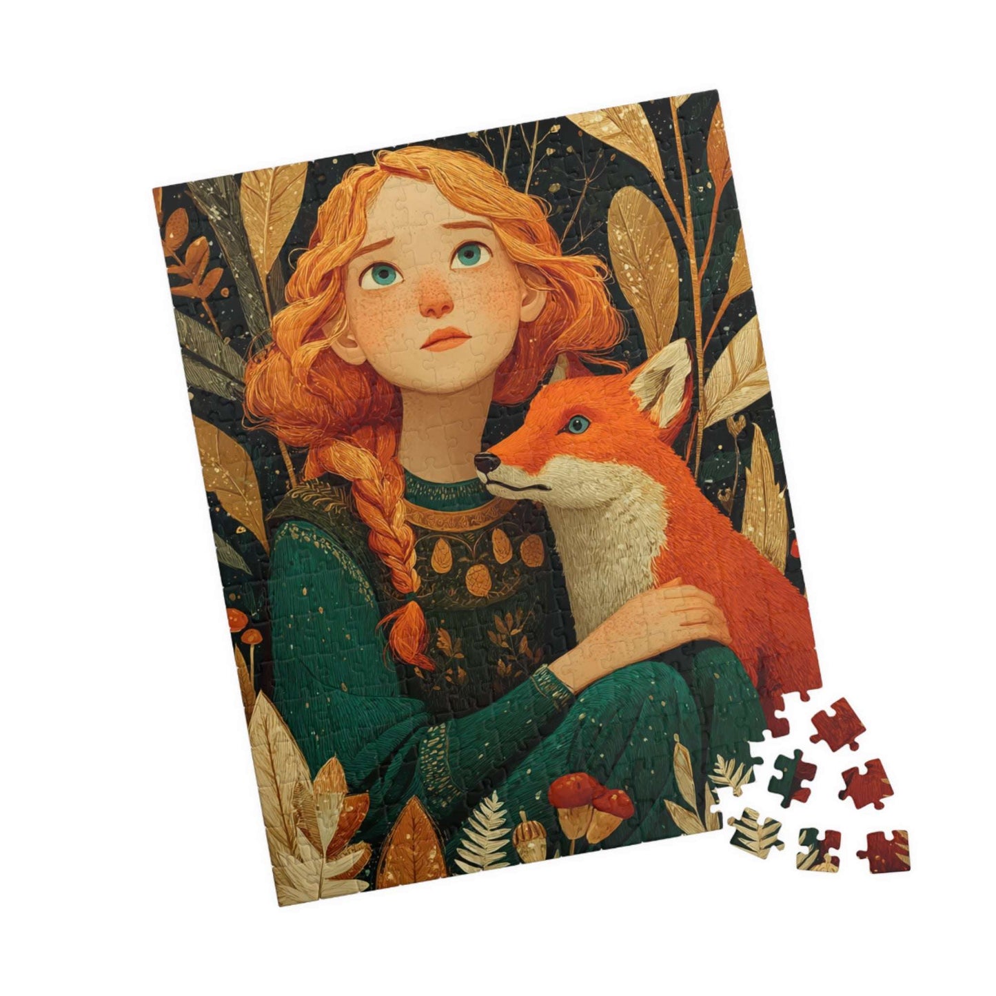 Autumn Forest Glade Jigsaw Puzzle - Auburn-Haired Girl and Playful Fox, Whimsical Art Game for Family or Solo Fun, Gifts, Brain Teaser 252 pcs (Vertical) Puzzle The Puzzle Chest
