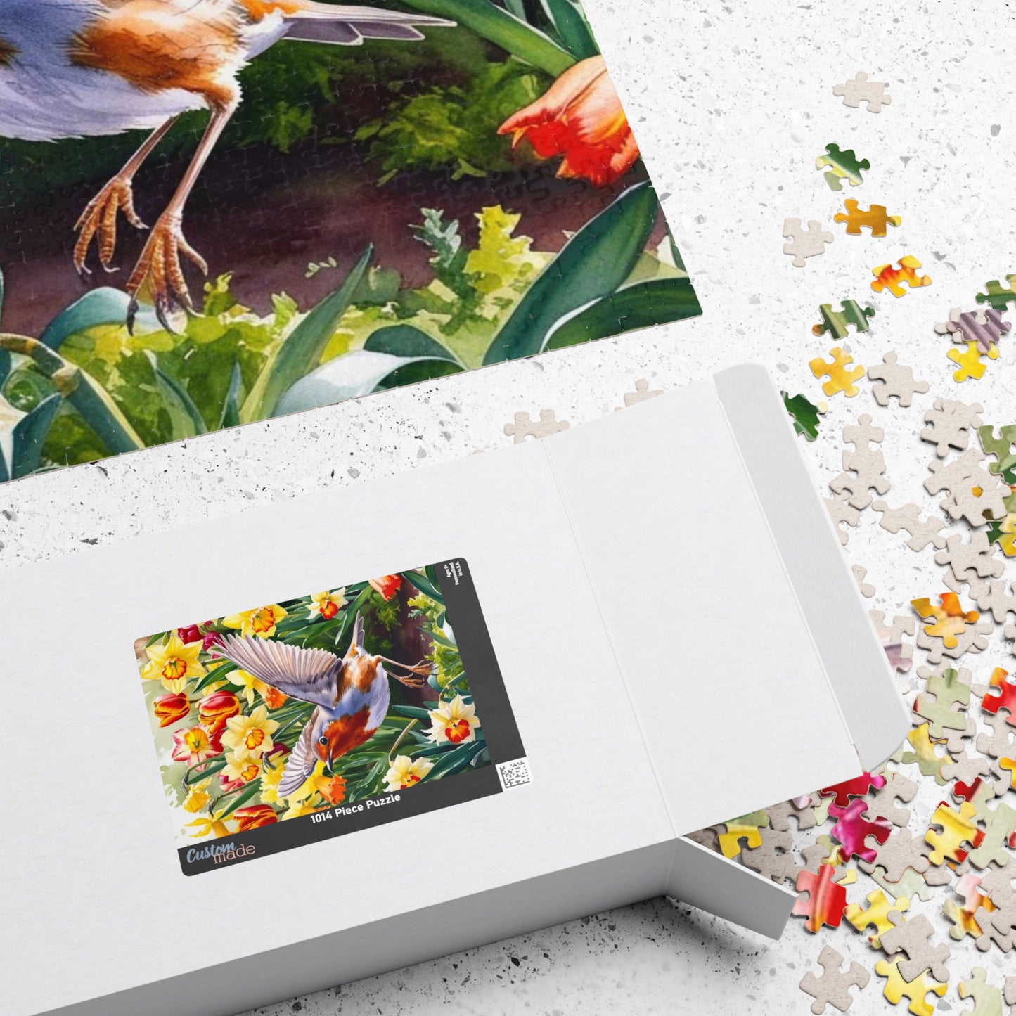 Robin Bird Flying Garden Puzzle, Tulips Daffodils Spring Landscape Jigsaw, 110 252 520 1014 Piece Game, Relaxation Hobby Gift, Nature Puzzle The Puzzle Chest