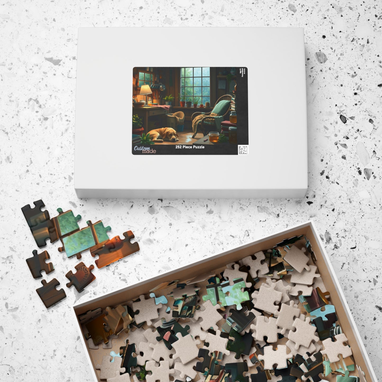 Jigsaw Puzzle, Cozy Garden Workshop Interior with Dog, Hobby Activity, Relaxing Pastime, Indoor Entertainment, Mindful Meditation, Stress