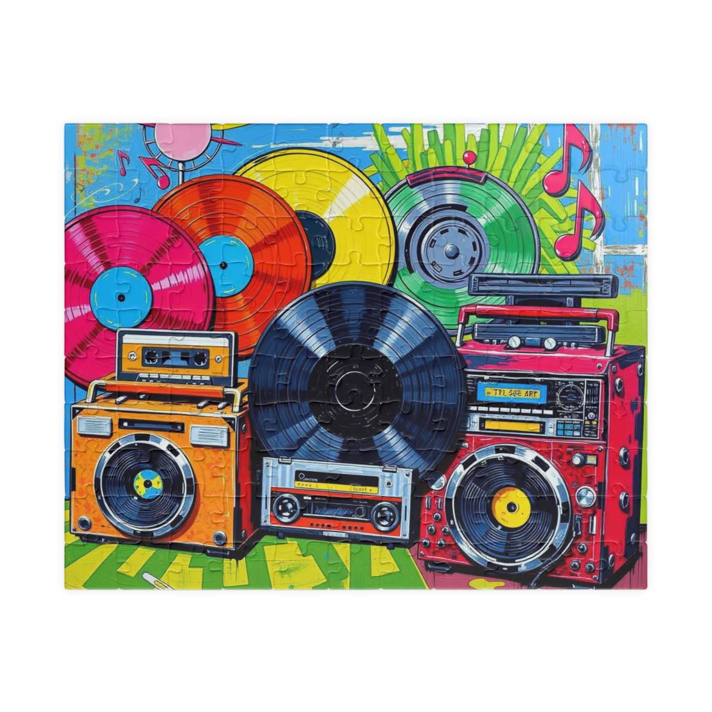 Retro Music Puzzle - Nostalgic Vinyls and Boomboxes Pop Art Jigsaw Game - Fun Family Activity, Gift for Music Lovers, Game Night 110 pcs (Horizontal) Puzzle The Puzzle Chest