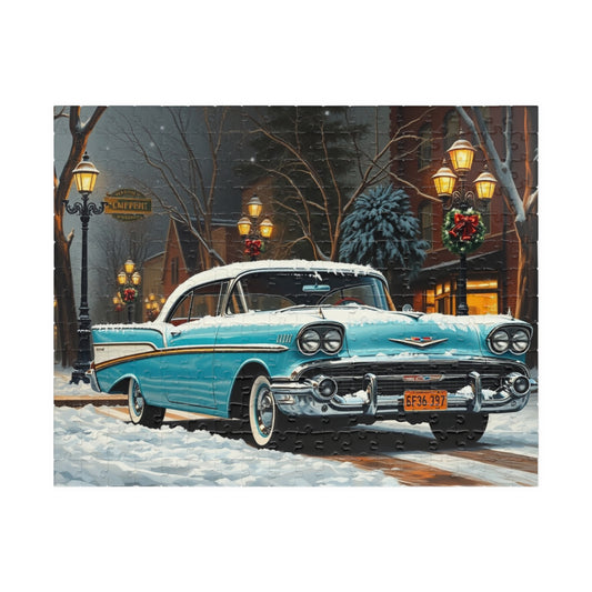 Vintage Car Puzzle - Winter Scene, Retro Classic Vehicle 1957 Bel Air Jigsaw Game 252 pcs (Horizontal) Puzzle The Puzzle Chest