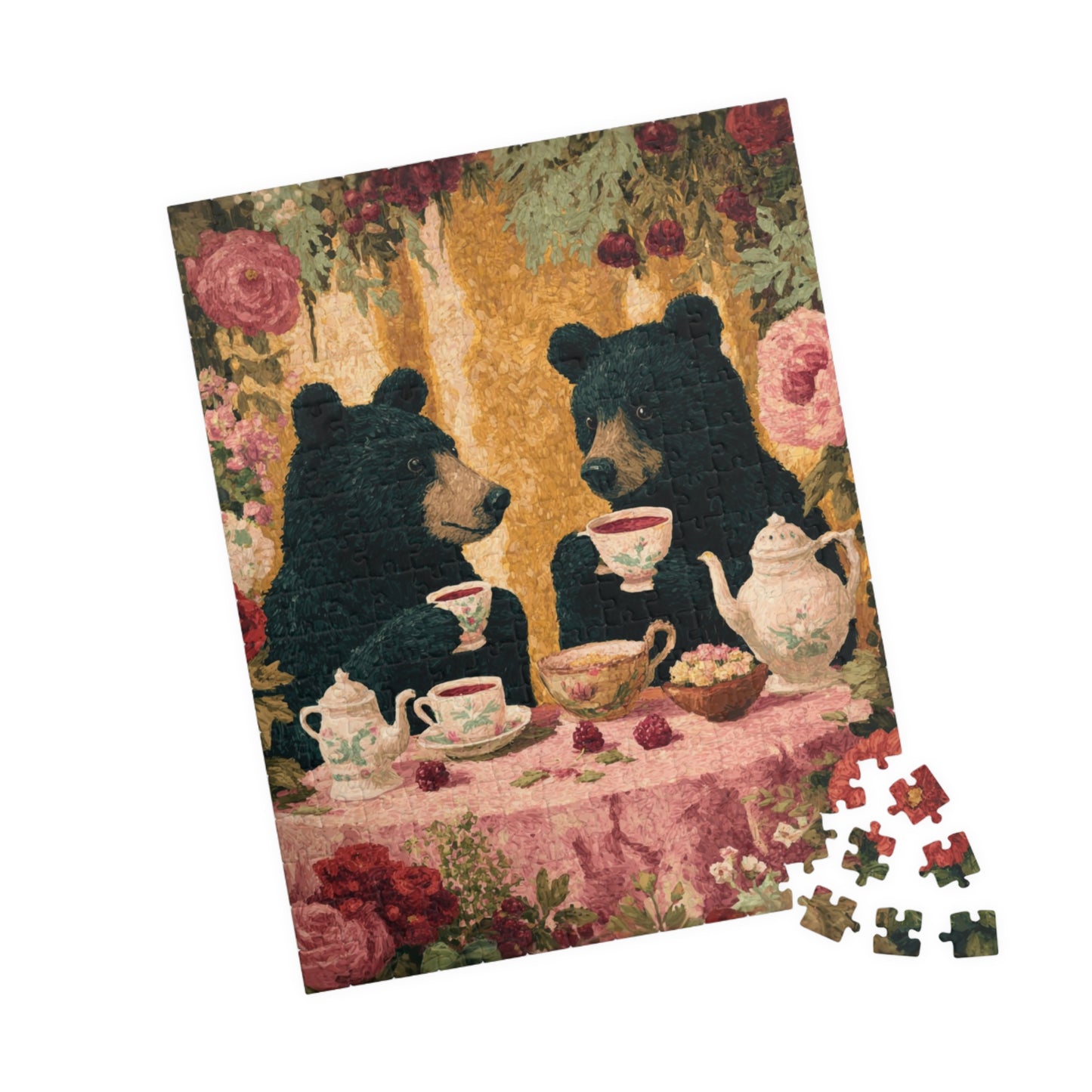 Pretty in Pink – Rosy Bear Tea Party Puzzle with Romantic Cottage Garden Scene, Animal Themed Jigsaw Game 252 pcs (Vertical) Puzzle The Puzzle Chest