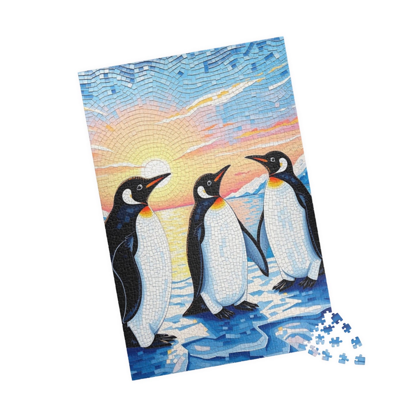 Penguin Mosaic Jigsaw Puzzle, Scenic Wildlife Arctic Sunrise Ice Winter Landscape Tabletop Game, Animal Theme Best Gift for Puzzle Fans Puzzle The Puzzle Chest