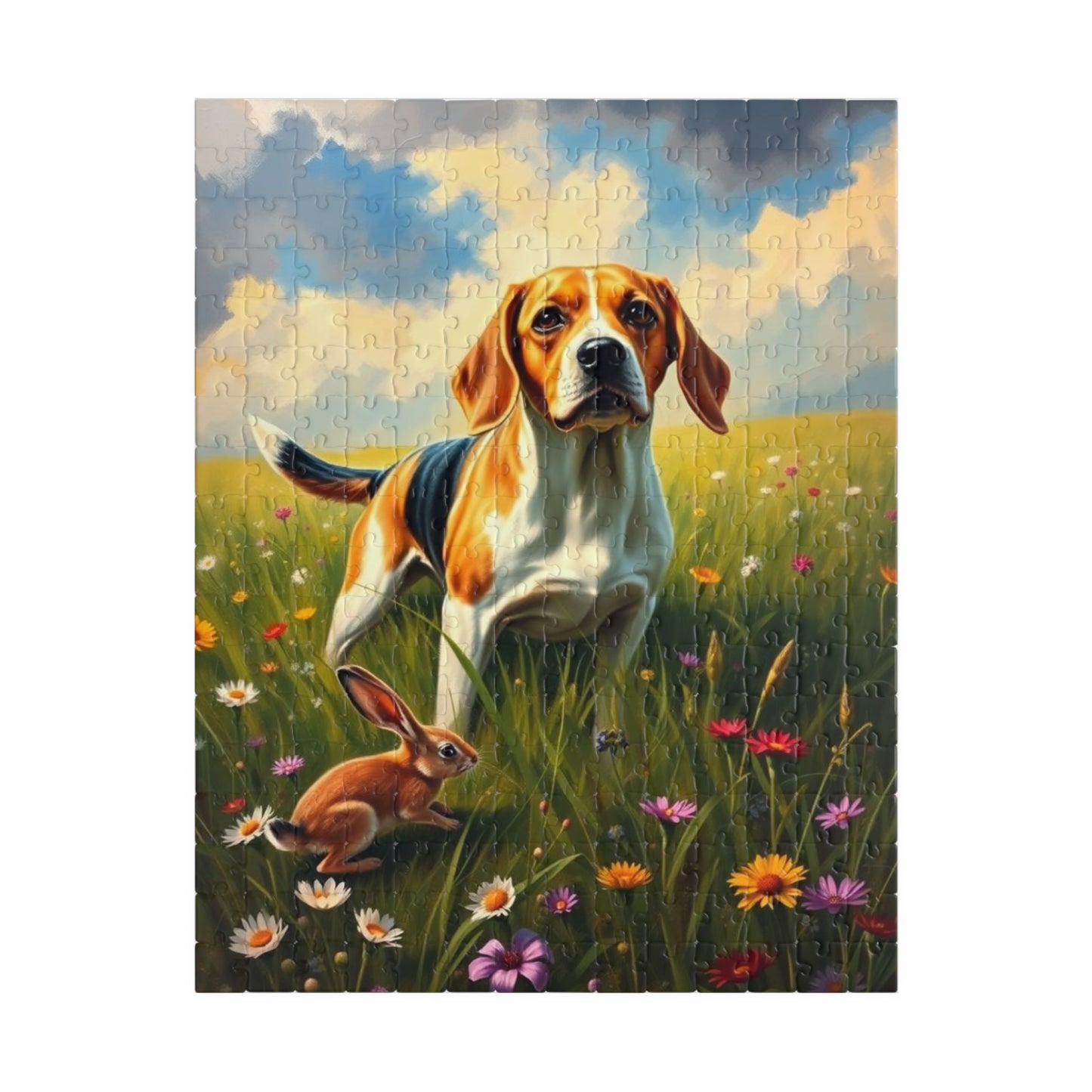 Dog and Rabbit Jigsaw Puzzle - Beagle in Wildflower Meadow, Family Game Night, Gift for Animal Lovers, Home Entertainment 252 pcs (Vertical) Puzzle The Puzzle Chest