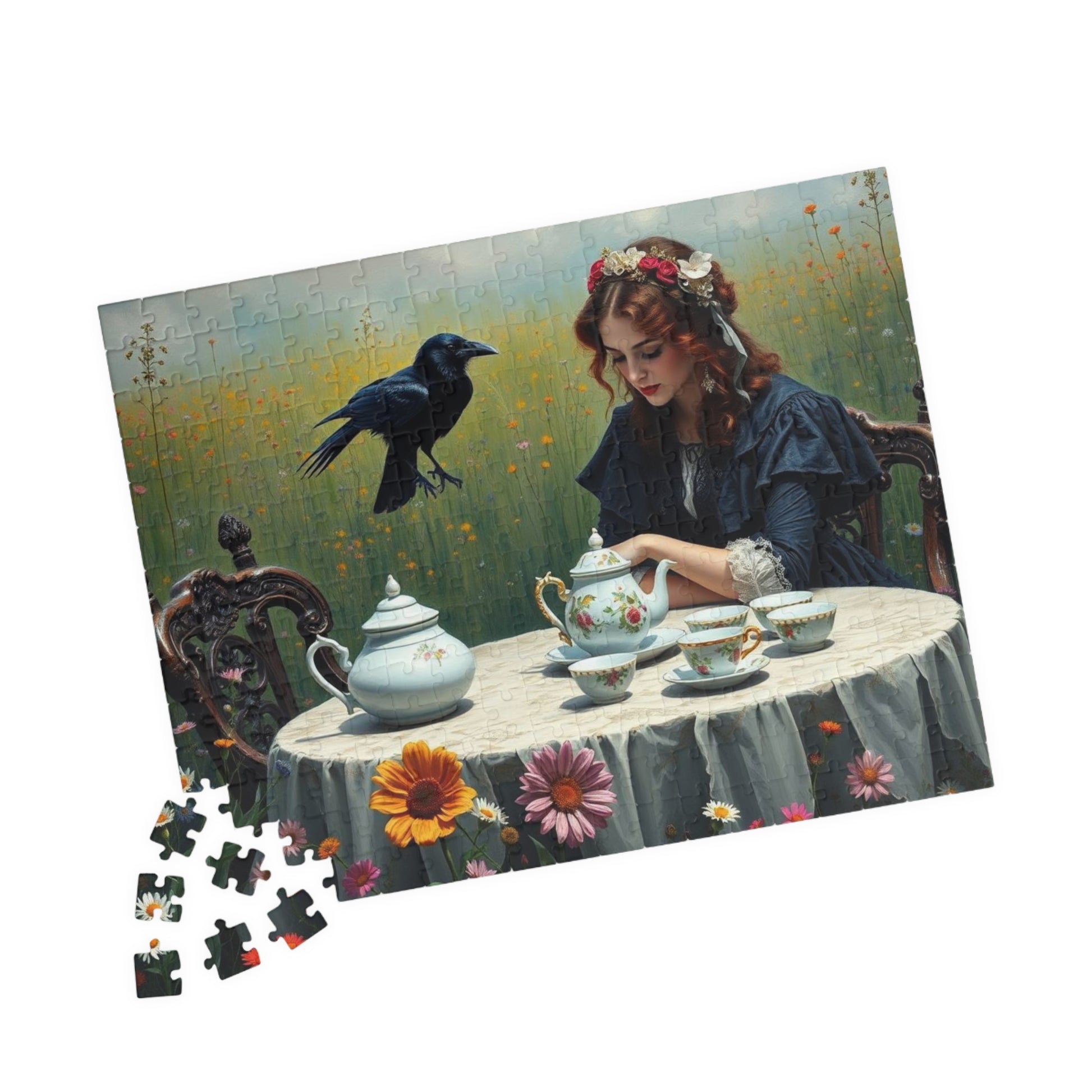 Melancholy Tea Party Jigsaw Puzzle, Victorian Woman and Raven, Gothic Art Print, Dark Fantasy Puzzle Lover Gift, Brain Teaser, Tabletop Game Puzzle The Puzzle Chest