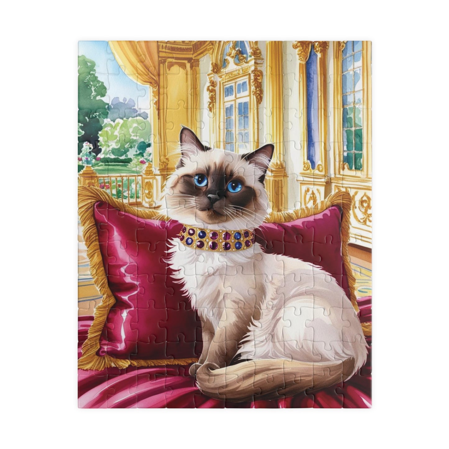 Jigsaw Puzzle - Siamese Cat with Jeweled Collar, Opulent Palace Room, Animal Puzzle, Relaxing Cat Puzzle, Silk Pillow Puzzle, Cat Lover Gift 110 pcs (Vertical) Puzzle The Puzzle Chest