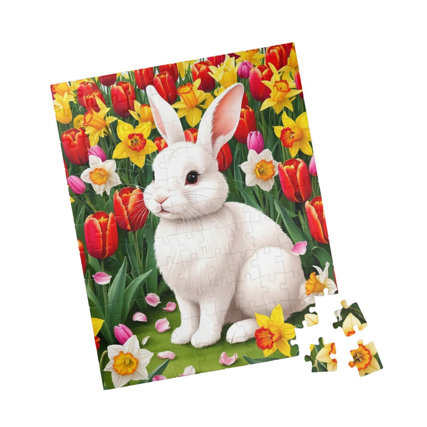 Puzzle - Fluffy Rabbit in Colorful Garden with Tulips and Daffodils, Fun Nature Jigsaw Game, Relaxing Hobby, Easter Gift, Mindful Activity Puzzle The Puzzle Chest