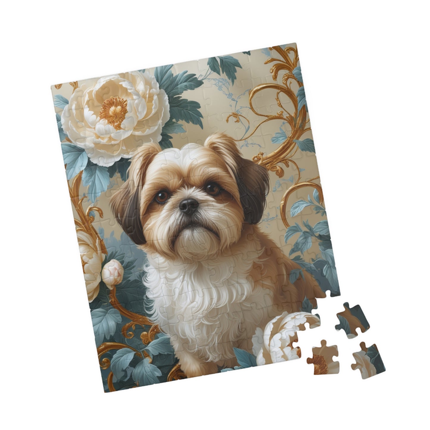 Jigsaw Puzzle - William Morris-Inspired Design with Shih Tzu and Peonies, 110, 252, 520, 1014-piece, Mind Teaser Brain Game Family Fun, Gift