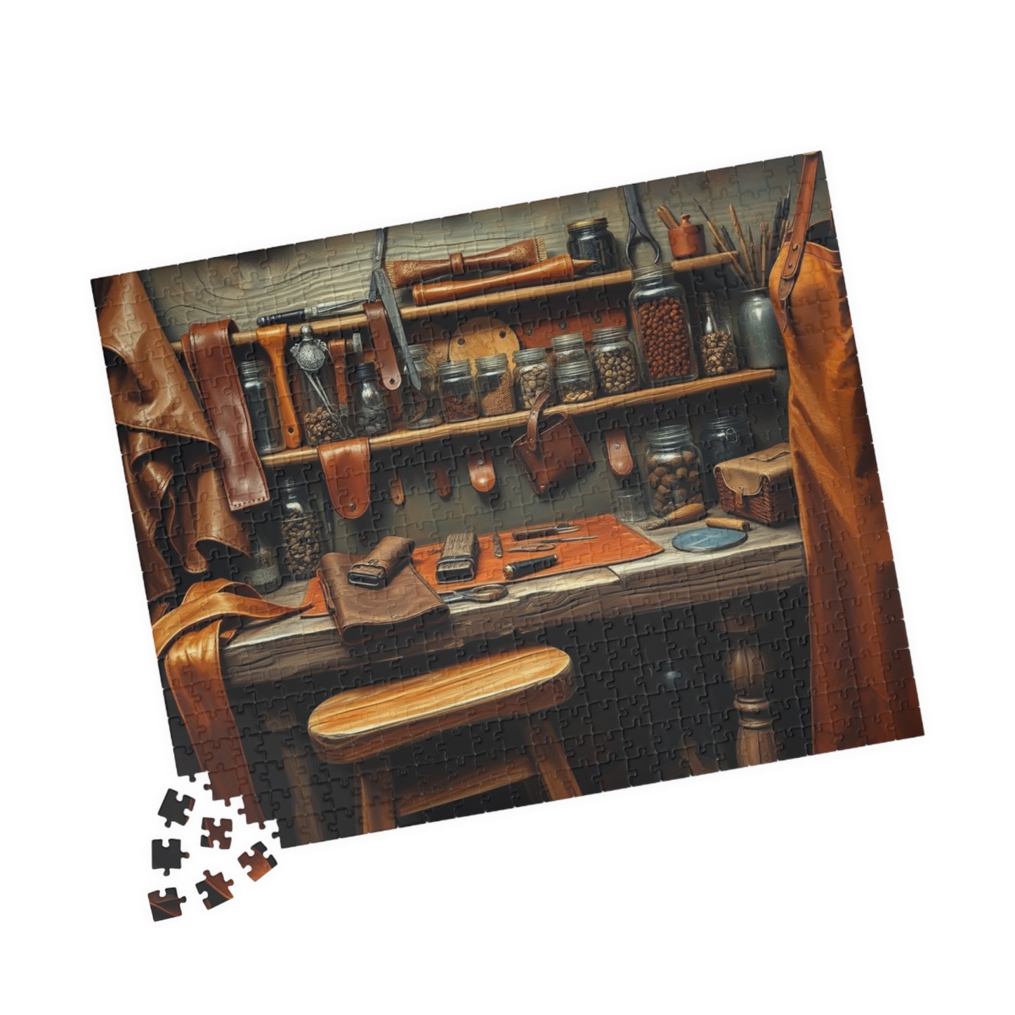 Rustic Leatherworking Bench Puzzle (110-1014 Piece), Leathercraft Work Studio Jigsaw Game, Relaxing Activity for Craft and Puzzle Enthusiast Puzzle The Puzzle Chest