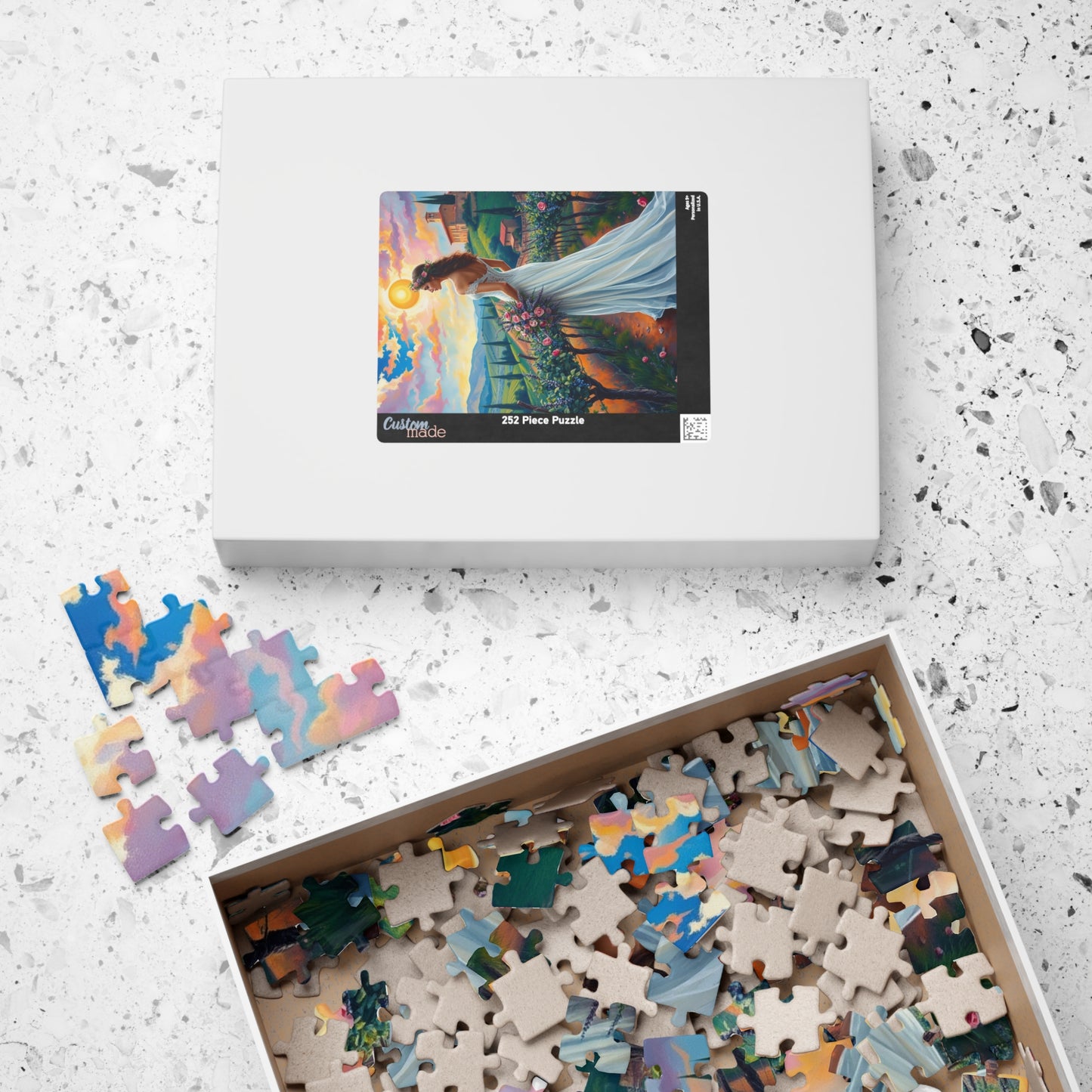 Whimsical Italian Bride Jigsaw Puzzle, White Gown Floral Crown Rose Bouquet, Tuscan Vineyard Romantic Wedding, Modern Art Lover Unique Gift Puzzle The Puzzle Chest