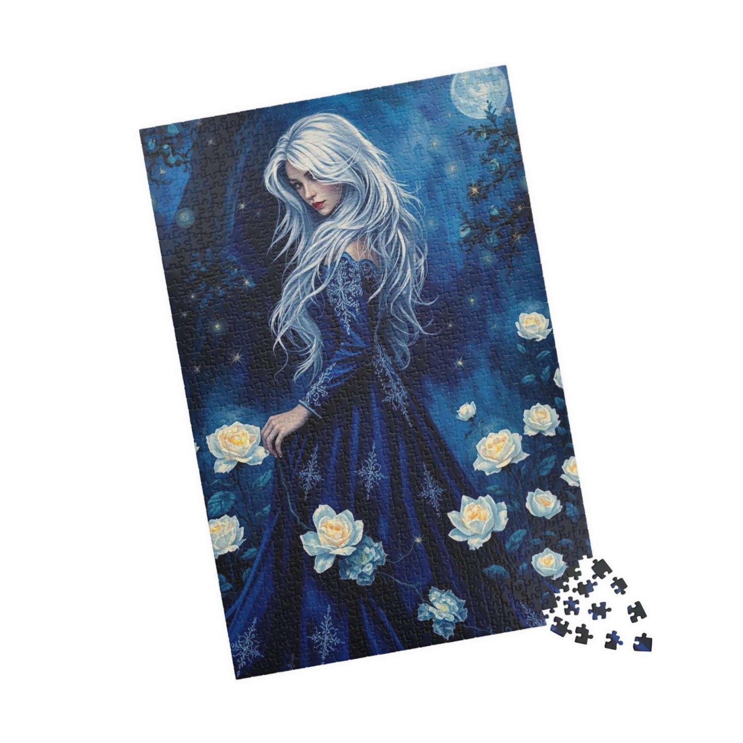 Lady of the Midnight Garden - Moonlit White Rose Jigsaw Puzzle