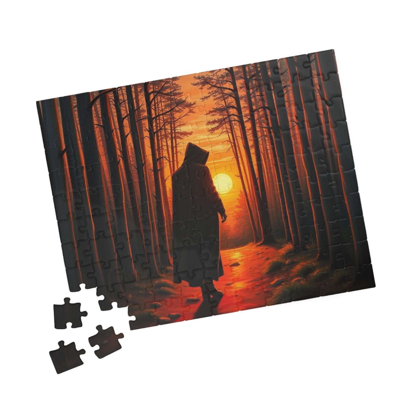 The Silent Passage Jigsaw Puzzle - Cloaked Figure Hollow Grove Eerie Sunset, Gothic Puzzle, Moody Landscape Puzzle, Dark Fantasy Art Puzzle Puzzle The Puzzle Chest