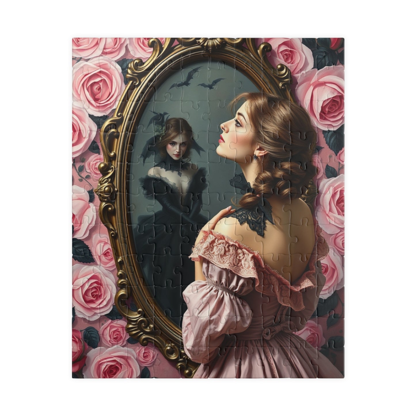 Dark Romance Gothic Puzzle, Victorian Woman and Floral Mirror Transformation Scene, Fantasy Fairytale Jigsaw Game for Adults, Unique Gift 110 pcs (Vertical) Puzzle The Puzzle Chest