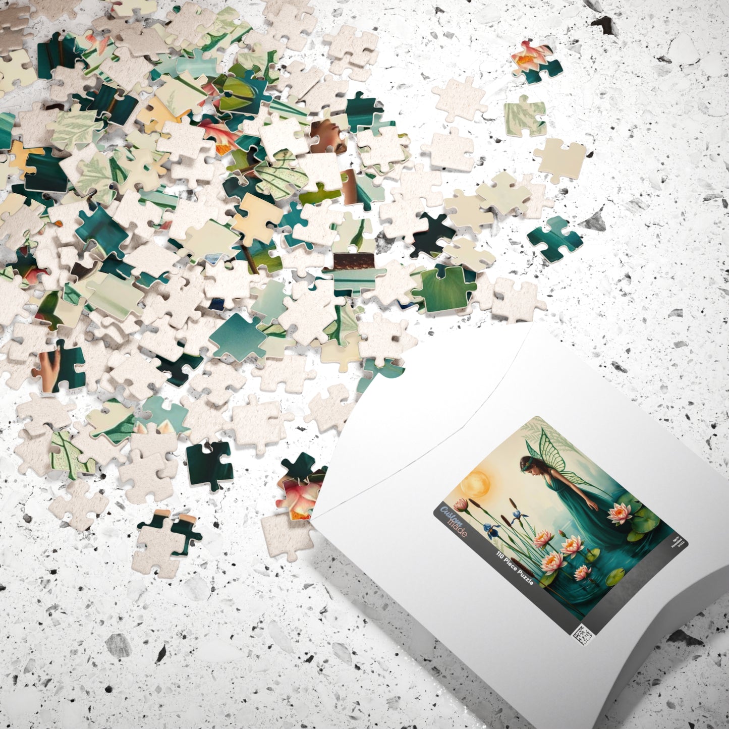 Fairy at the Lily Pond Jigsaw Puzzle - Botanical Fantasy Art in Soft Sage, 110-1014 Piece Mystical Nature Lover Gift, Family Fun Activity