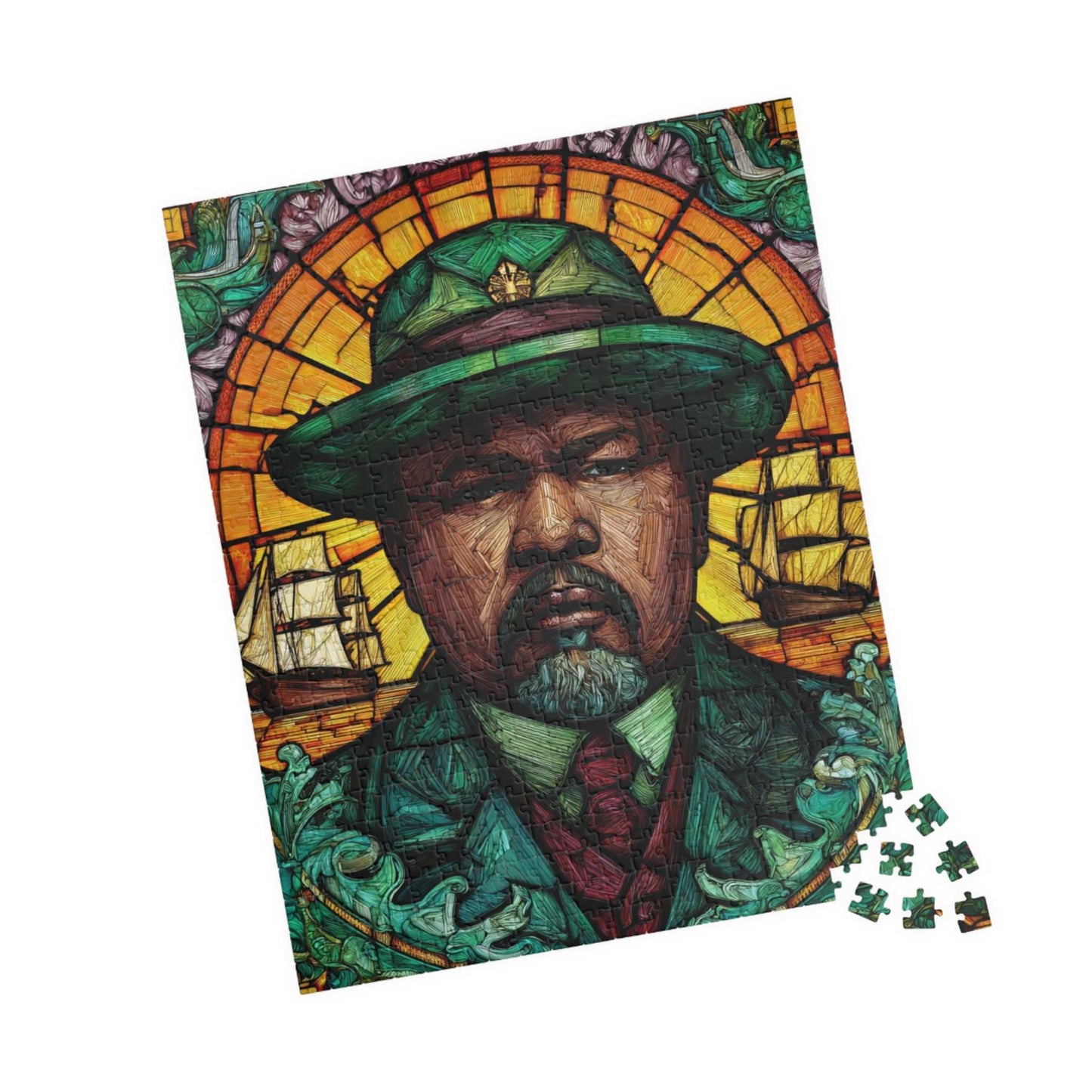 Marcus Garvey Jigsaw Puzzle – Afrocentric Stained Glass Art, Pan-African, Historical Black Leaders Puzzle, Sunburst & Ship Motif Illustration 520 pcs (Vertical) Puzzle The Puzzle Chest