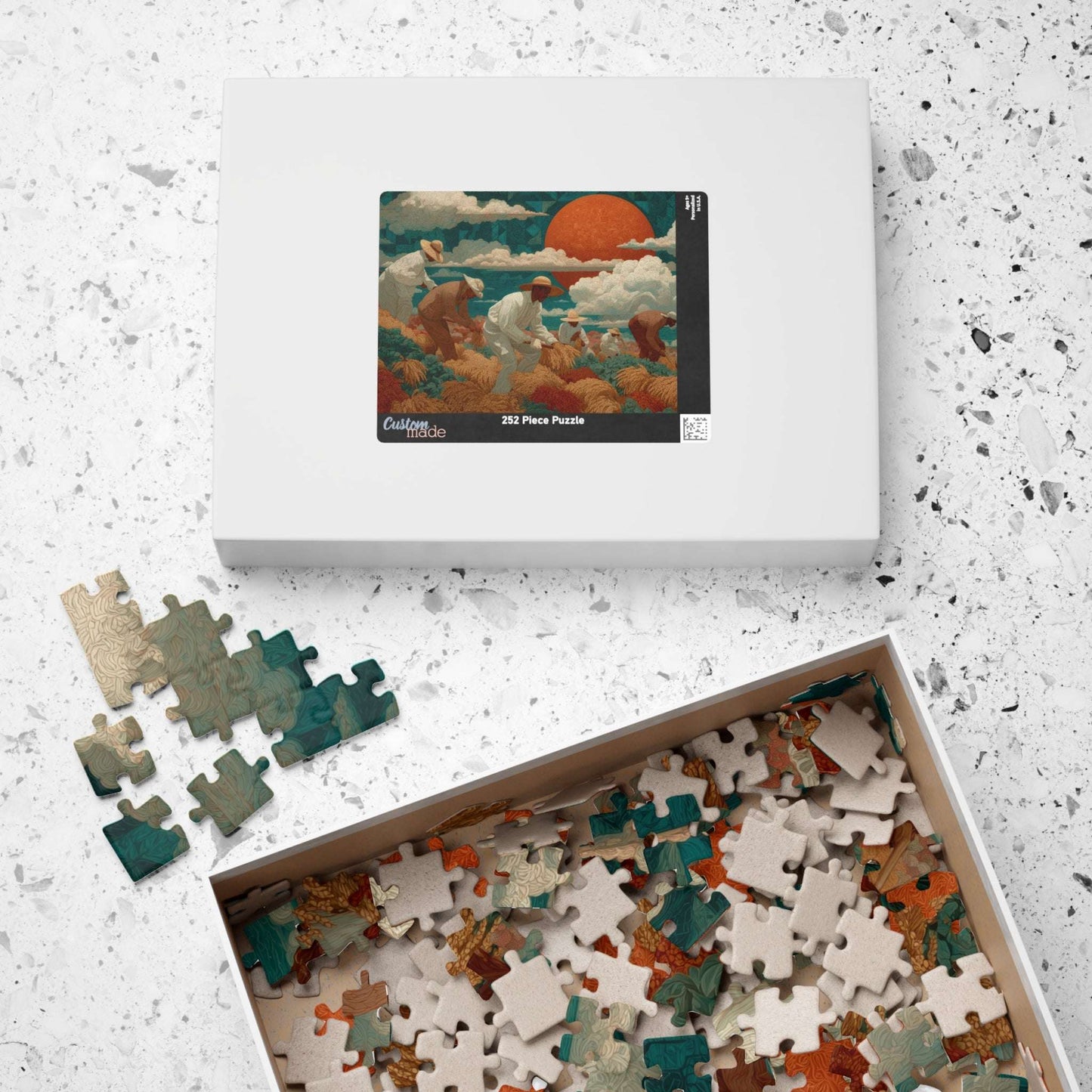 Afrocentric Black Art Jigsaw Puzzle - Sharecroppers in Golden Fields with Quilt-Pattern Sky Puzzle The Puzzle Chest