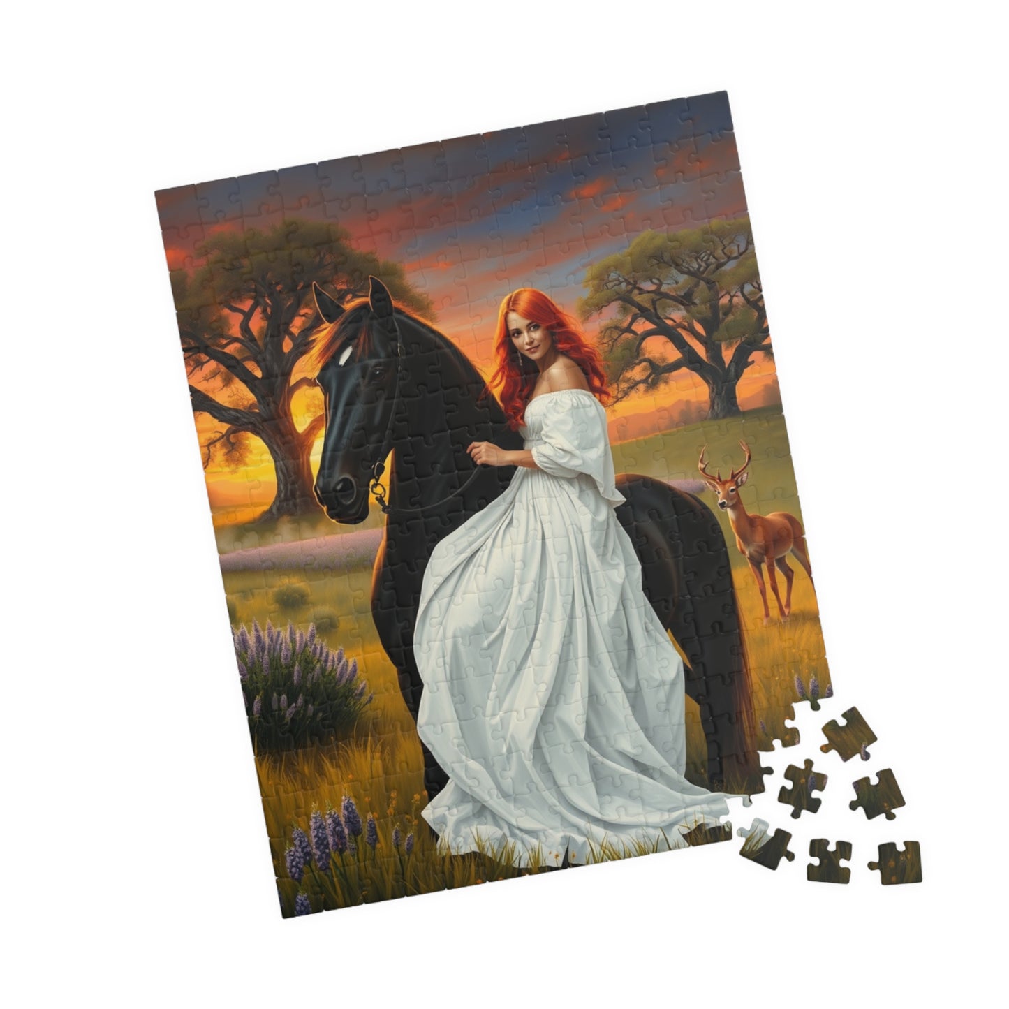 Puzzle, Woman with Vibrant Red Hair and White Flowing Dress Rides a Black Stallion, Jigsaw, Game, Brain Teaser, Activity, Relaxation, Home Puzzle The Puzzle Chest