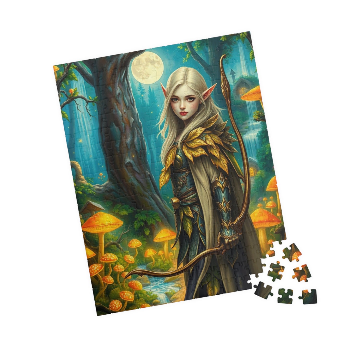 Elf Warrior Enchanted Forest Puzzle, Mystical Scene Glowing Mushrooms Moonlit Waterfalls, Fantasy Art Lover, Best Gift for Puzzle Enthusiast Puzzle The Puzzle Chest