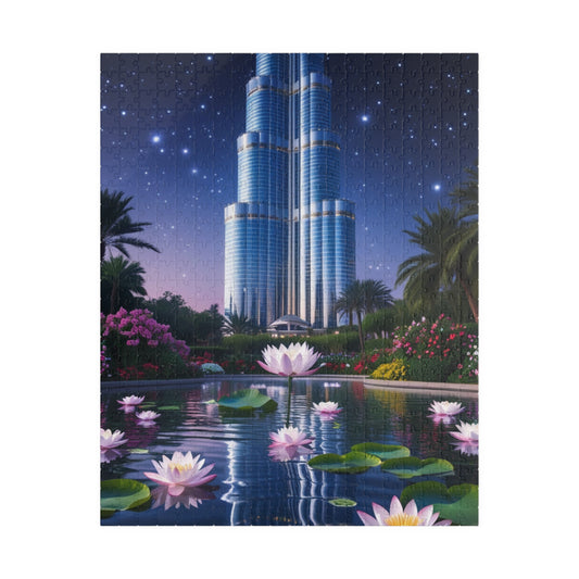 Burj Khalifa Reflections Jigsaw Puzzle, Dubai Skyline Lotus Water Lily Night Garden Landscape, Best Gift for Traveler Art Lover, Hobbyist 520 pcs (Vertical) Puzzle The Puzzle Chest