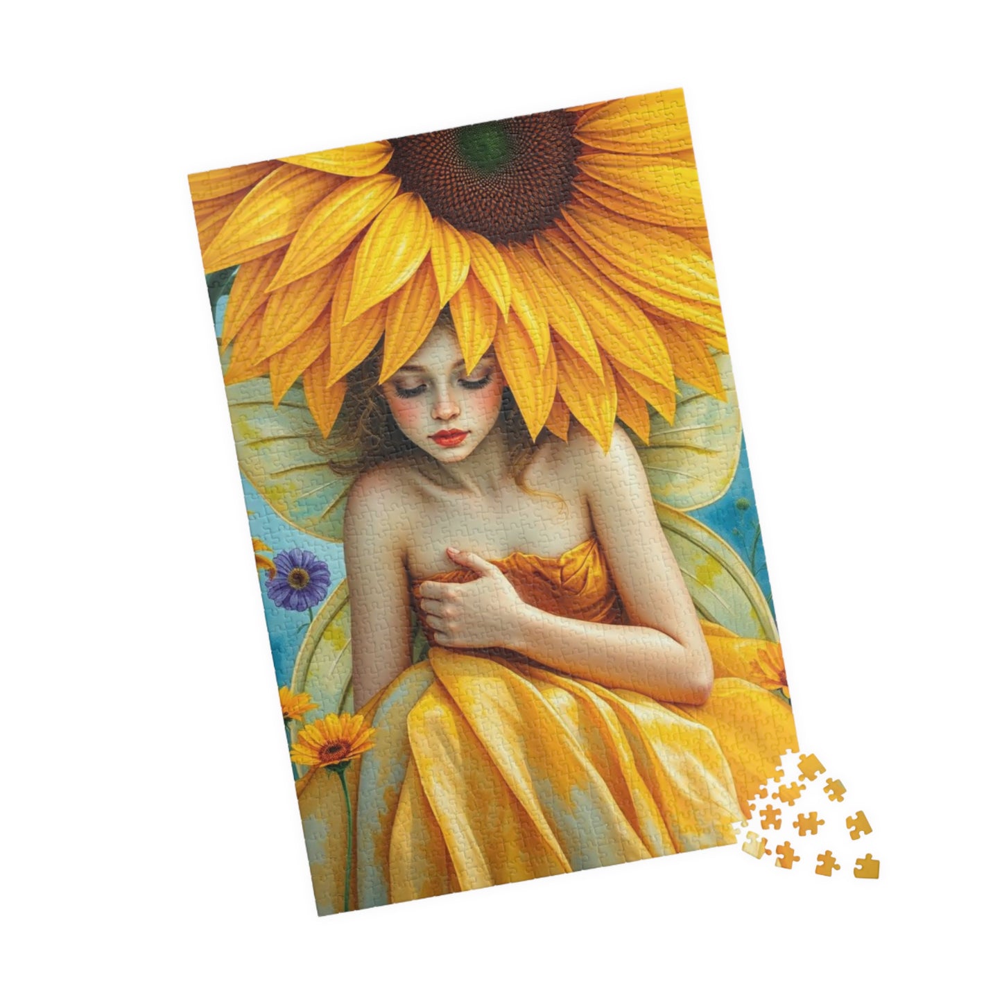 Sunflower Shade Fairy Jigsaw Puzzle, Floral Art Mythical Fantasy Game, Holiday or Birthday Gift for Friend, Decor, Mindfulness Activity