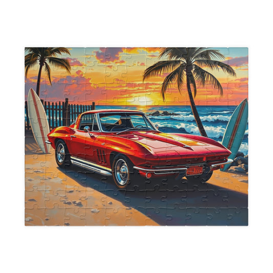 Vintage Muscle Car Puzzle - 1963 Stingray, Classic Car and Ocean Beach Sunset Scene Jigsaw Game 110 pcs (Horizontal) Puzzle The Puzzle Chest