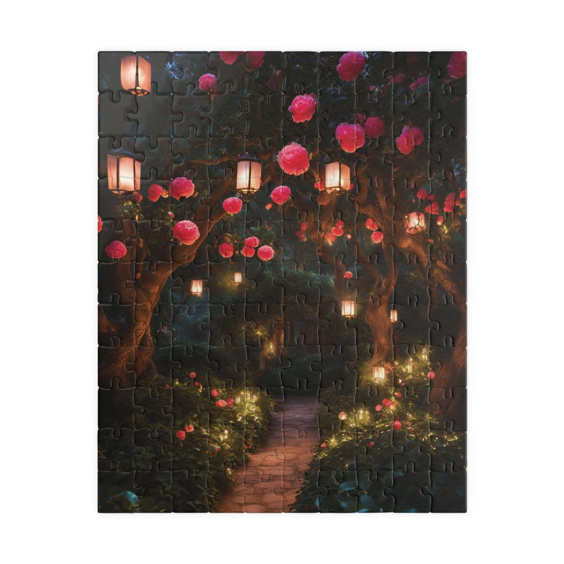 Camellia Flowers Nighttime Puzzle, Tranquil Lantern-Lit Floral Scene, Cozy and Relaxing Jigsaw Game for Adults, Ideal Nature Lover Gift 110 pcs (Vertical) Puzzle The Puzzle Chest