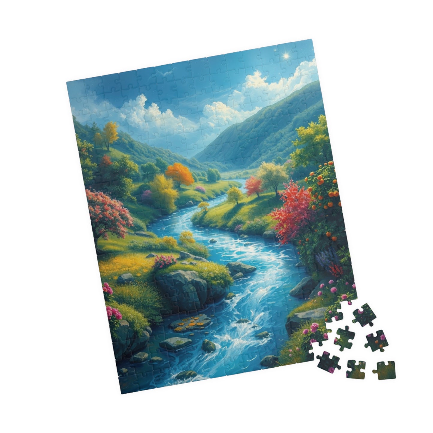 Mystical River Valley Jigsaw Puzzle, Fantasy Landscape with Vibrant Trees and Flowers, Ethereal Scene of Nature's Beauty and Tranquility Puzzle The Puzzle Chest