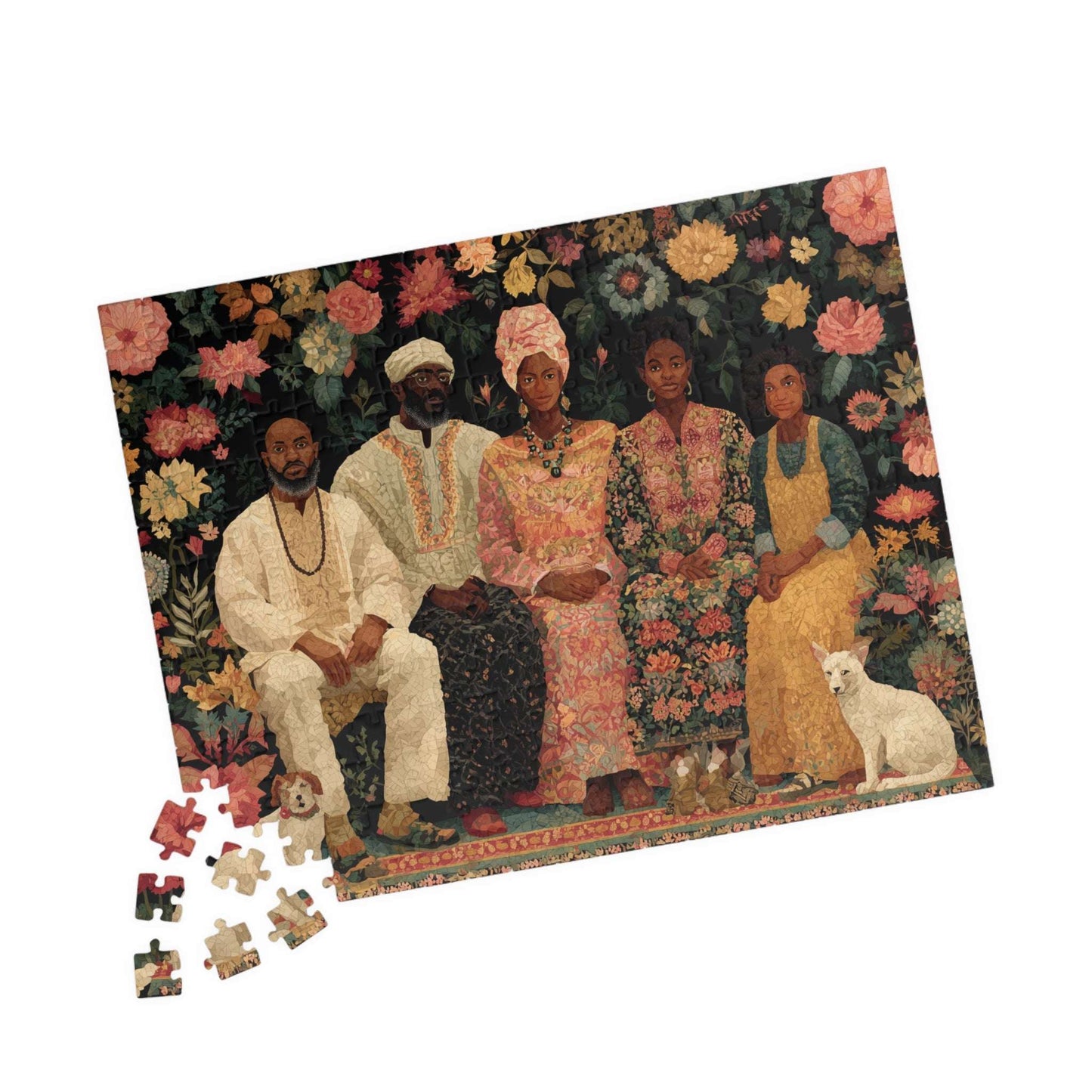 Black Art Jigsaw Puzzle - Afrocentric Family Portrait in Story-Quilt Style with Bold Patterned Fabrics 252 pcs (Horizontal) Puzzle The Puzzle Chest