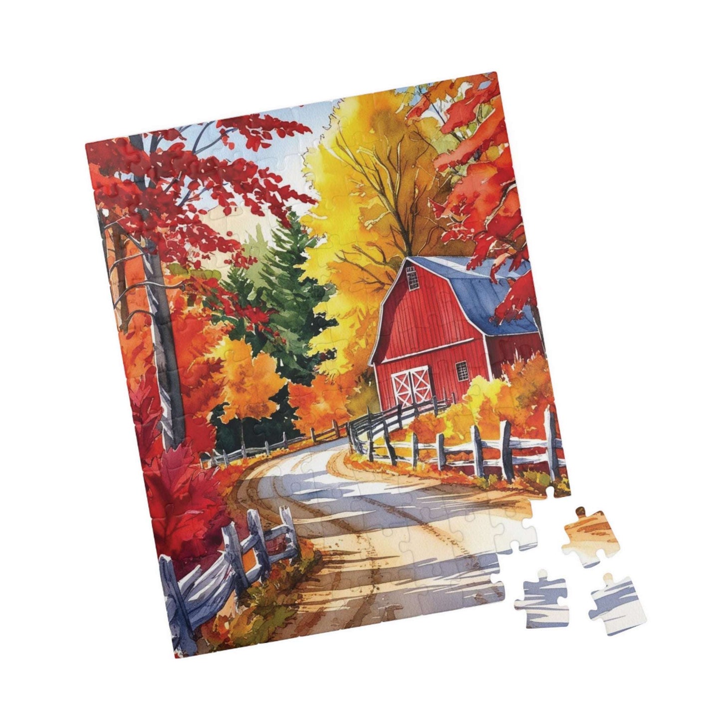 Classic New England Fall Landscape Puzzle, Scenic Winding Road and Barn, Vibrant Foliage and Wooden Fence, Ideal Gift for Nature Art Lover Puzzle The Puzzle Chest