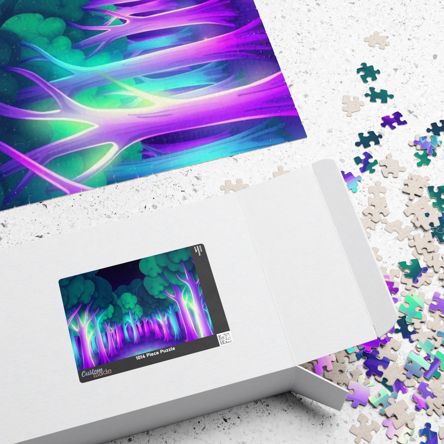 Abstract Forest Landscape Jigsaw Puzzle, Glowing Purple Green Neon Trees, Fantasy Art Puzzle Lover, Quiet Time Leisurely Activity, Fun Hobby Puzzle The Puzzle Chest