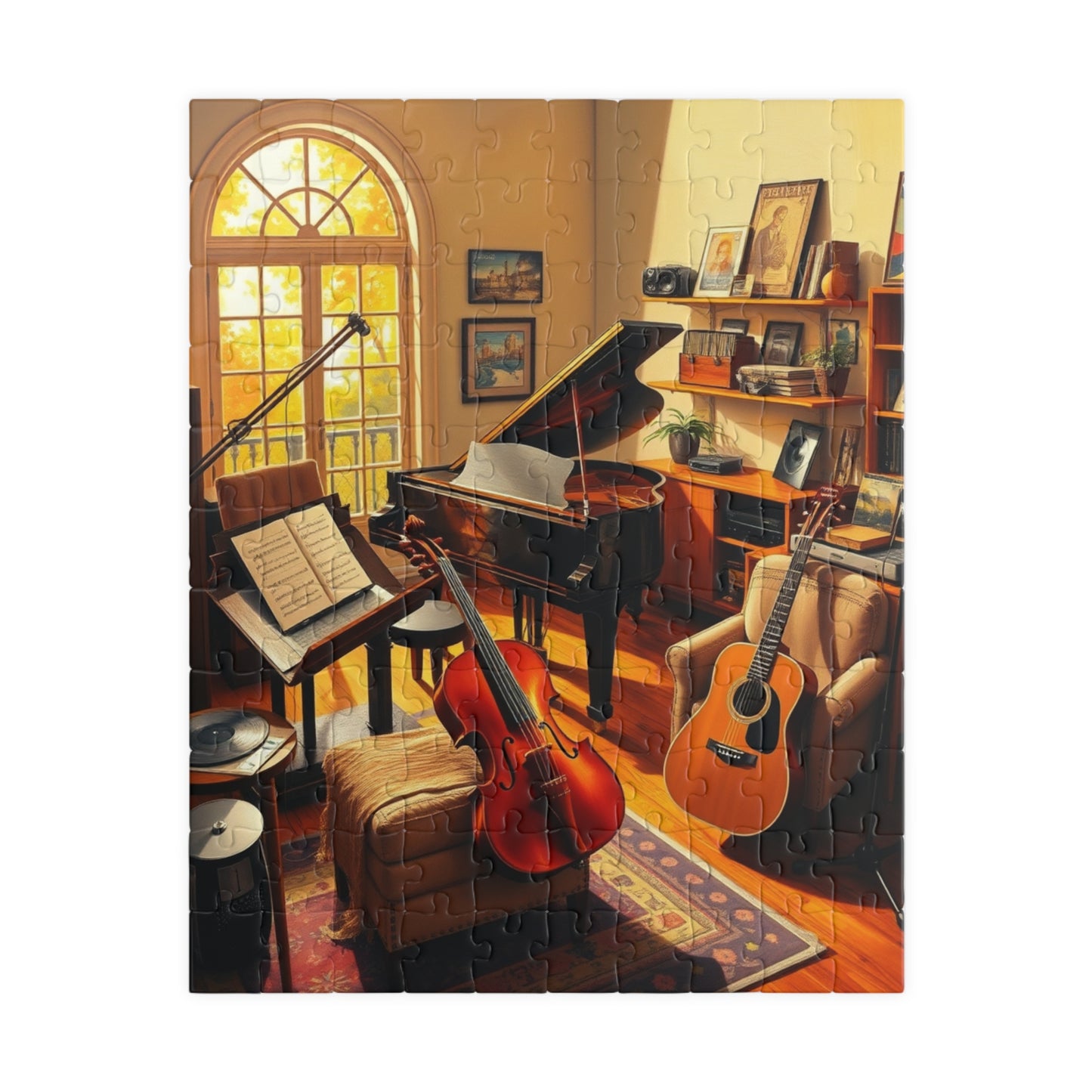 Music Room Puzzle, Grand Piano Violin Guitar and Record Player, Cozy Artistic Studio Musical Retreat Adult Jigsaw Game, Puzzle Lover Gift
