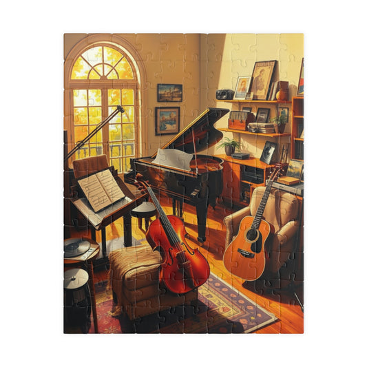 Music Room Puzzle, Grand Piano Violin Guitar and Record Player, Cozy Artistic Studio Musical Retreat Adult Jigsaw Game, Puzzle Lover Gift 110 pcs (Vertical) Puzzle The Puzzle Chest