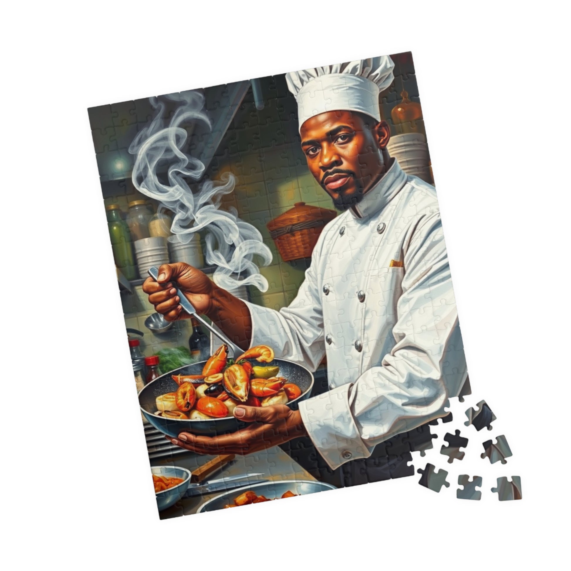 Chef Themed Afrocentric Puzzle - Culinary Black Art Jigsaw, Gift for Foodies, Family Fun Activity, Unique Gift for African American Male 252 pcs (Vertical) Puzzle The Puzzle Chest