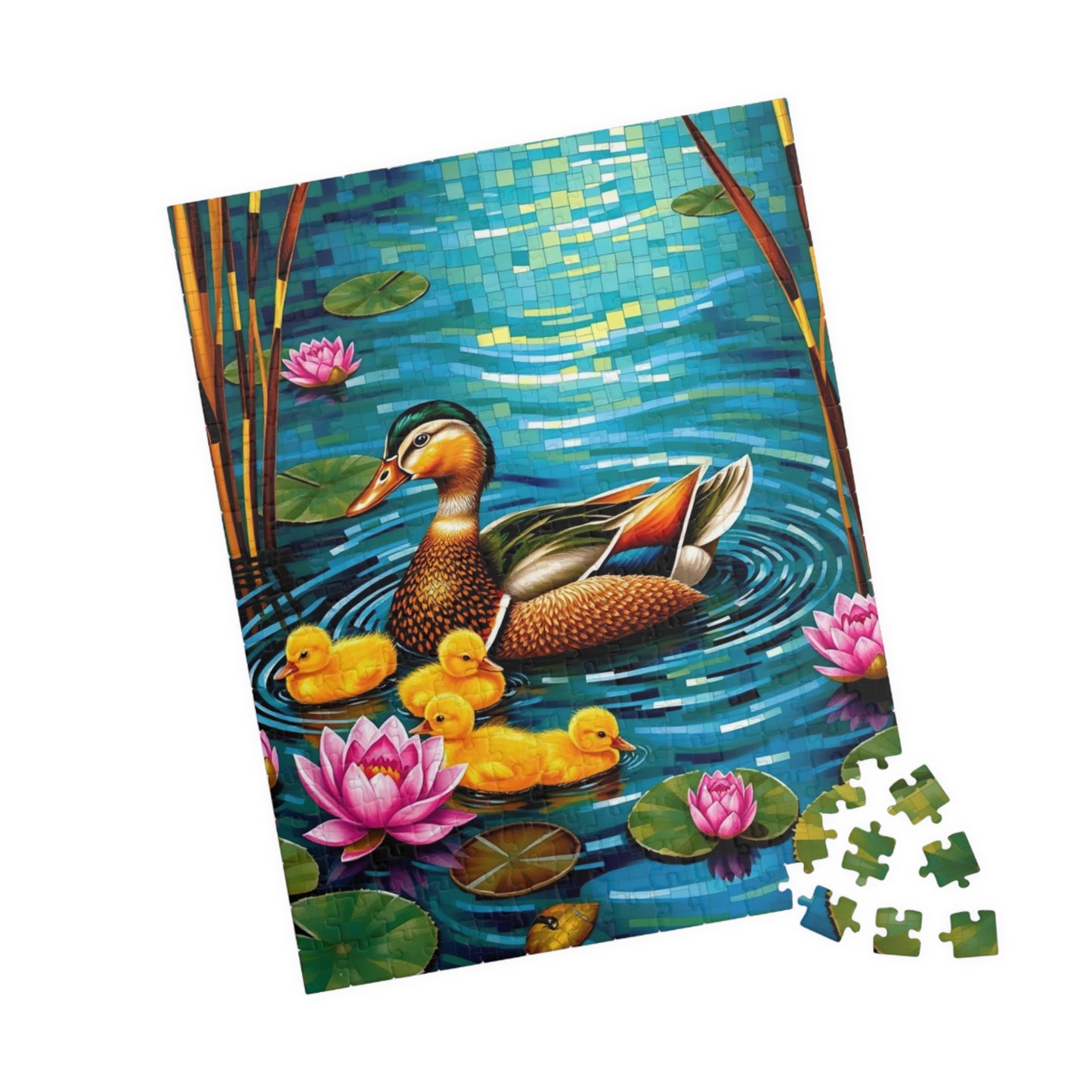 Waterfowl Mosaic Puzzle, Beautiful Mother Duck and Ducklings, Duck Family on a Lotus Pond Nature-Themed Jigsaw Game, Animal Bird Lover Gift Puzzle The Puzzle Chest