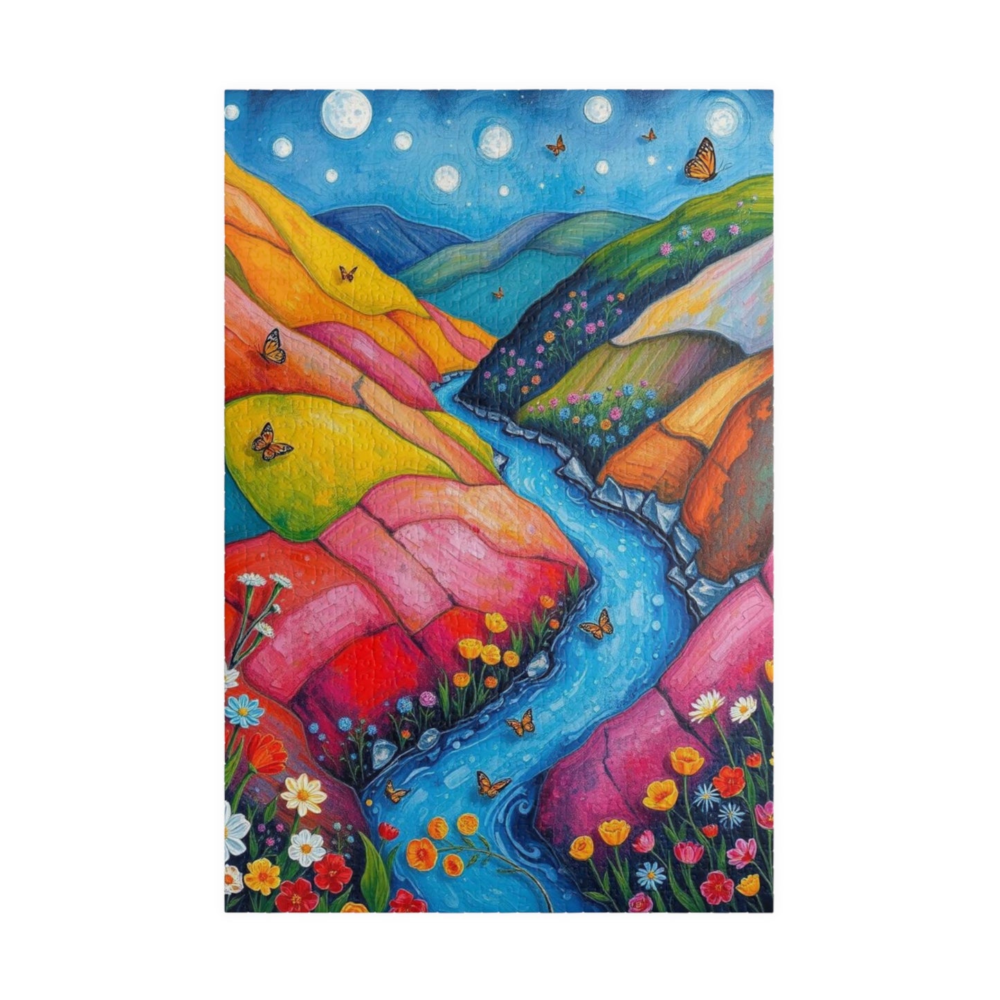 Meadow Stream Melody - River Through Candy Hill Jigsaw Puzzle Collection, Beautiful Nature Puzzle, Colorful Landscape Art, Puzzle Lover Gift, Family Fun, 110/252/520/1014 1014 pcs (Vertical) Puzzle The Puzzle Chest