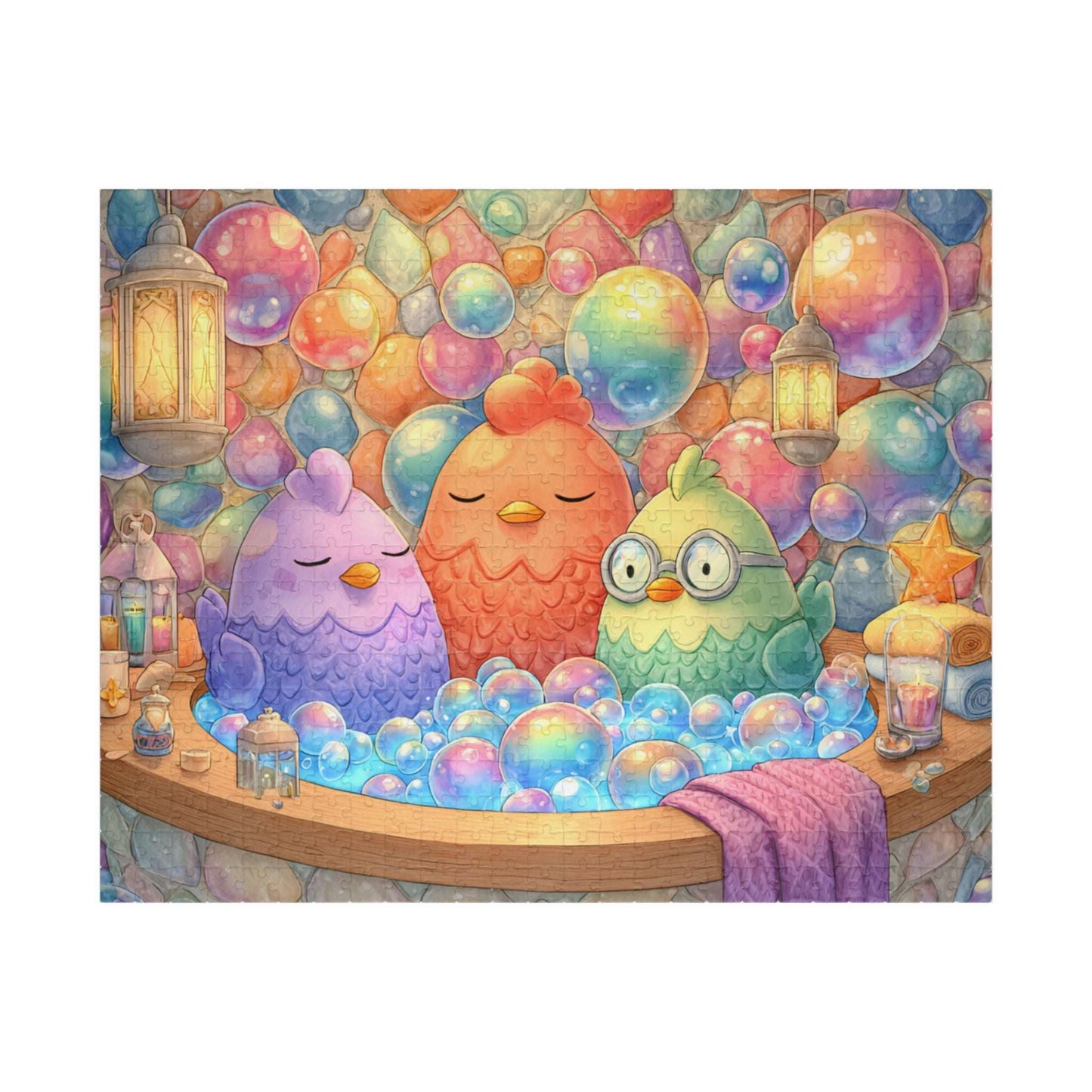 Pastel Bubble Chicken Puzzle – Whimsical Chickens in Rainbow Bubble Bath, Fairy-Tale Farm Animal Jigsaw Puzzle Puzzle The Puzzle Chest
