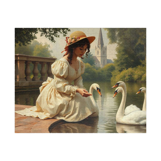 Victorian Lady Feeding Swans by the Pond - Elegant 19th Century Jigsaw Puzzle Scene Puzzle The Puzzle Chest
