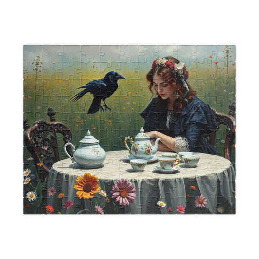 Melancholy Tea Party Jigsaw Puzzle, Victorian Woman and Raven, Gothic Art Print, Dark Fantasy Puzzle Lover Gift, Brain Teaser, Tabletop Game 110 pcs (Horizontal) Puzzle The Puzzle Chest