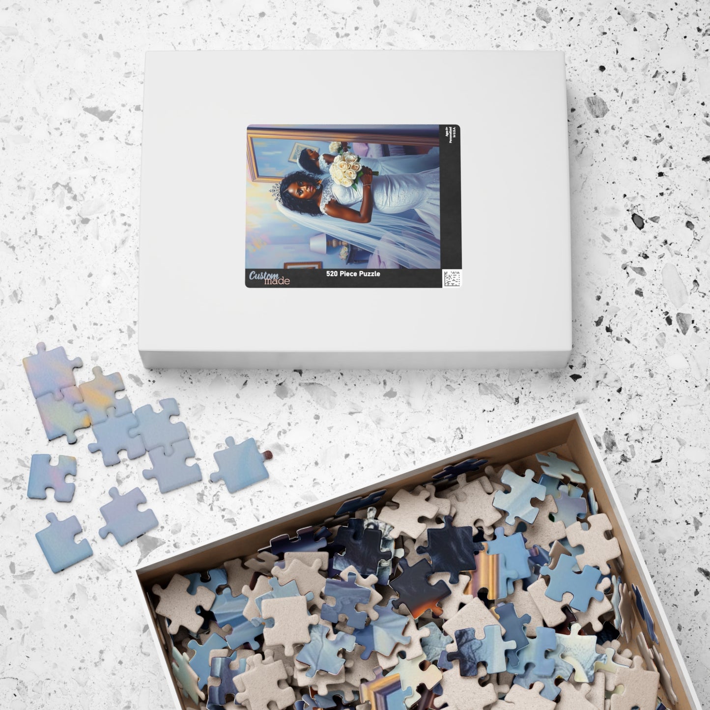 African American Bride Puzzle, White Lace Gown and Tiara, Black Woman Wedding Day Reflection Jigsaw Game Puzzle The Puzzle Chest