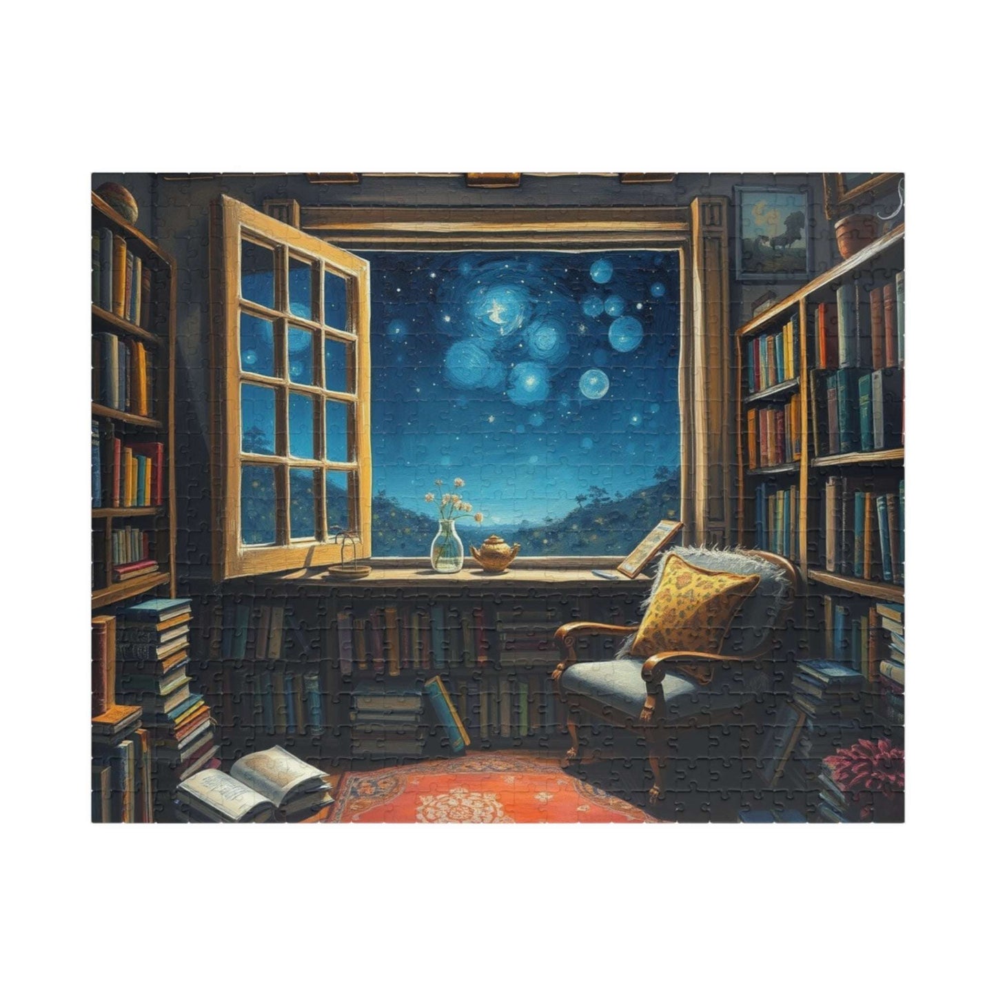 Cozy Library Jigsaw Puzzle - Starry Night Sky, Book Lover Gift, Educational Game, Mindfulness Activity, Literary Scene, Ideal for Family Fun 520 pcs (Horizontal) Puzzle The Puzzle Chest