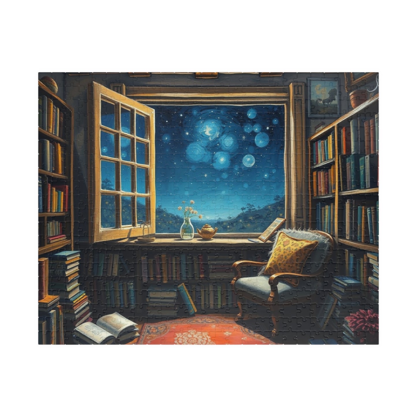 Cozy Library Jigsaw Puzzle - Starry Night Sky, Book Lover Gift, Educational Game, Mindfulness Activity, Literary Scene, Ideal for Family Fun 520 pcs (Horizontal) Puzzle The Puzzle Chest
