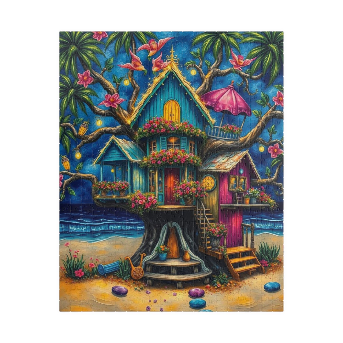 Seaside Hideaway Treehouse Puzzle, 110, 252, 520, 1014-piece Fun Summer Coastal Jigsaw Beach Scene for Family Activity, Puzzle Lover Gift Home Decor 520 pcs (Vertical) Puzzle The Puzzle Chest
