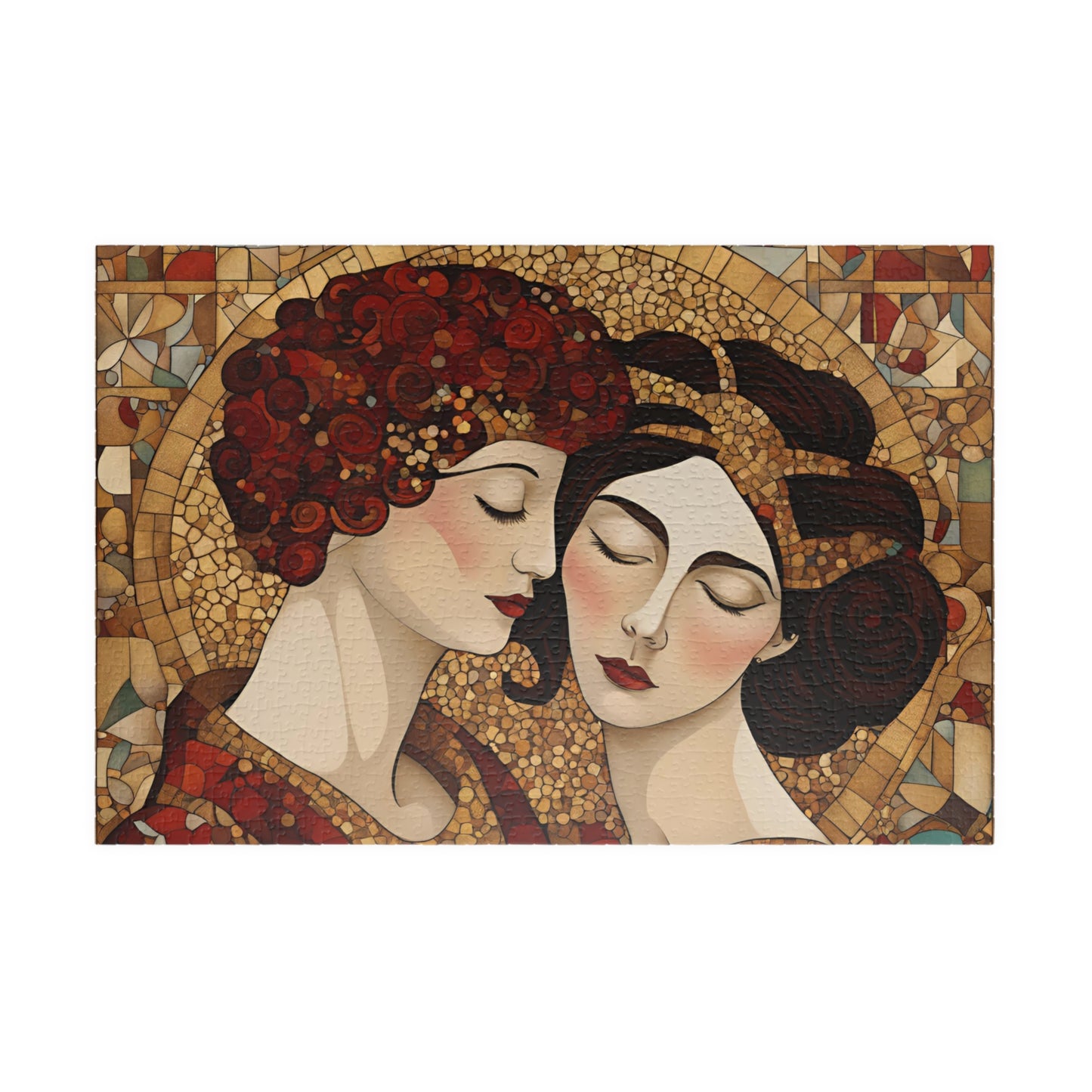 The Kiss Mosaic Jigsaw Puzzle, Klimt-inspired, Gold Accents Floral & Geometric Shapes Entwined Figures, Art Lover Gift Puzzle Enthusiast 1014 pcs (Horizontal) Puzzle The Puzzle Chest