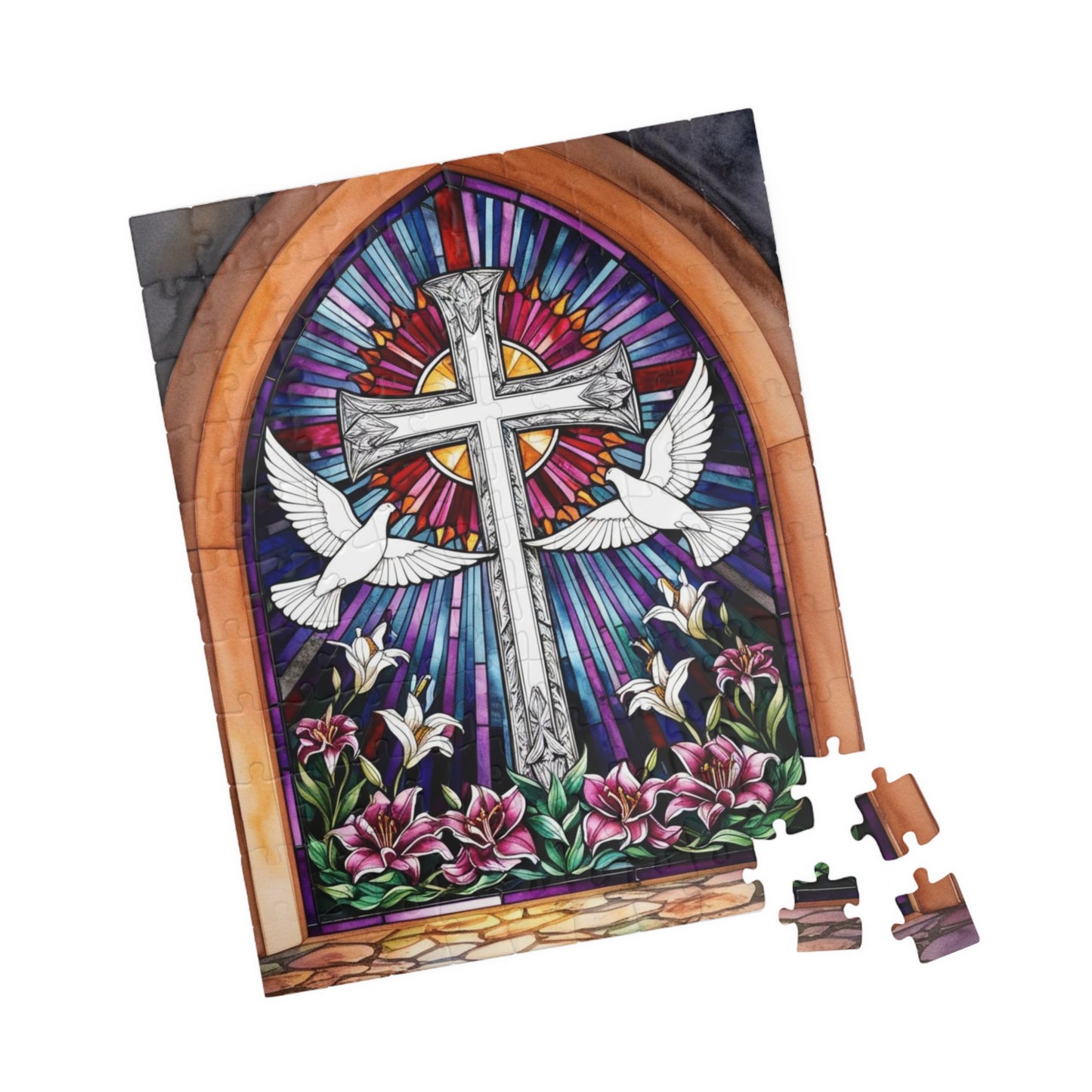 Stained Glass Cross Puzzle, Dove and Lily Flower Design, Faith-Based Christian Jigsaw Game for Adults, Mindful Hobby Gift for Puzzle Lover