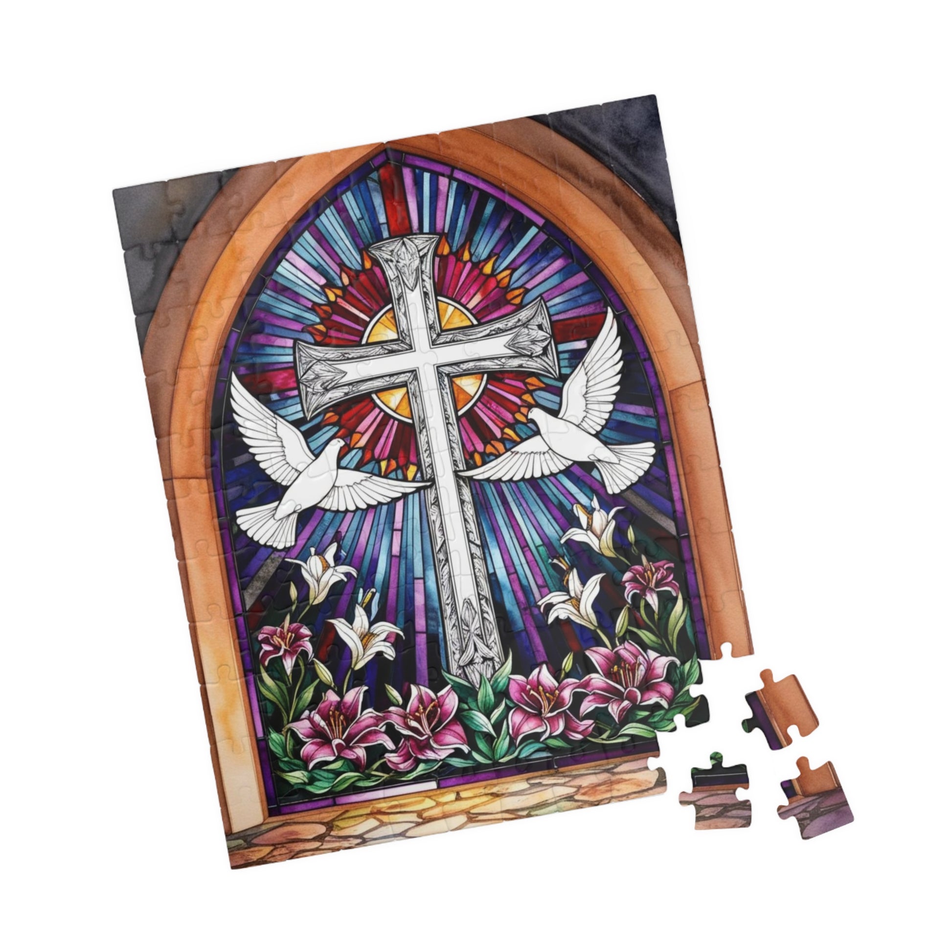 Stained Glass Cross Puzzle, Dove and Lily Flower Design, Faith-Based Christian Jigsaw Game for Adults, Mindful Hobby Gift for Puzzle Lover Puzzle The Puzzle Chest