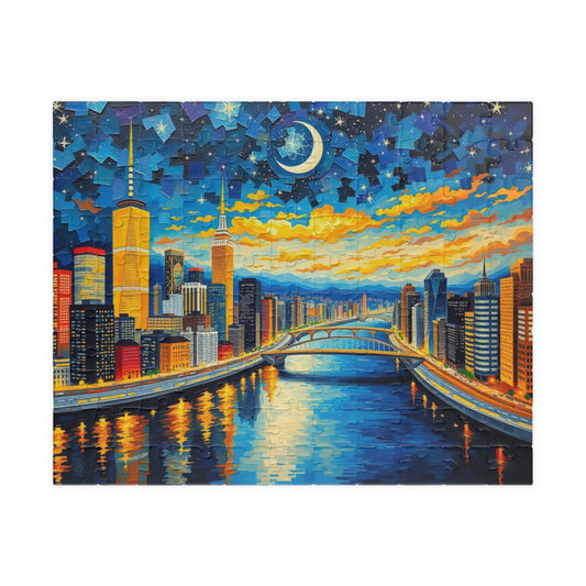 Vibrant City at Night Mosaic Puzzle, Illuminated Skyscraper View, Bustling Urban City Lights Nightscape Jigsaw Game, Fun Family Game Night 110 pcs (Horizontal) Puzzle The Puzzle Chest