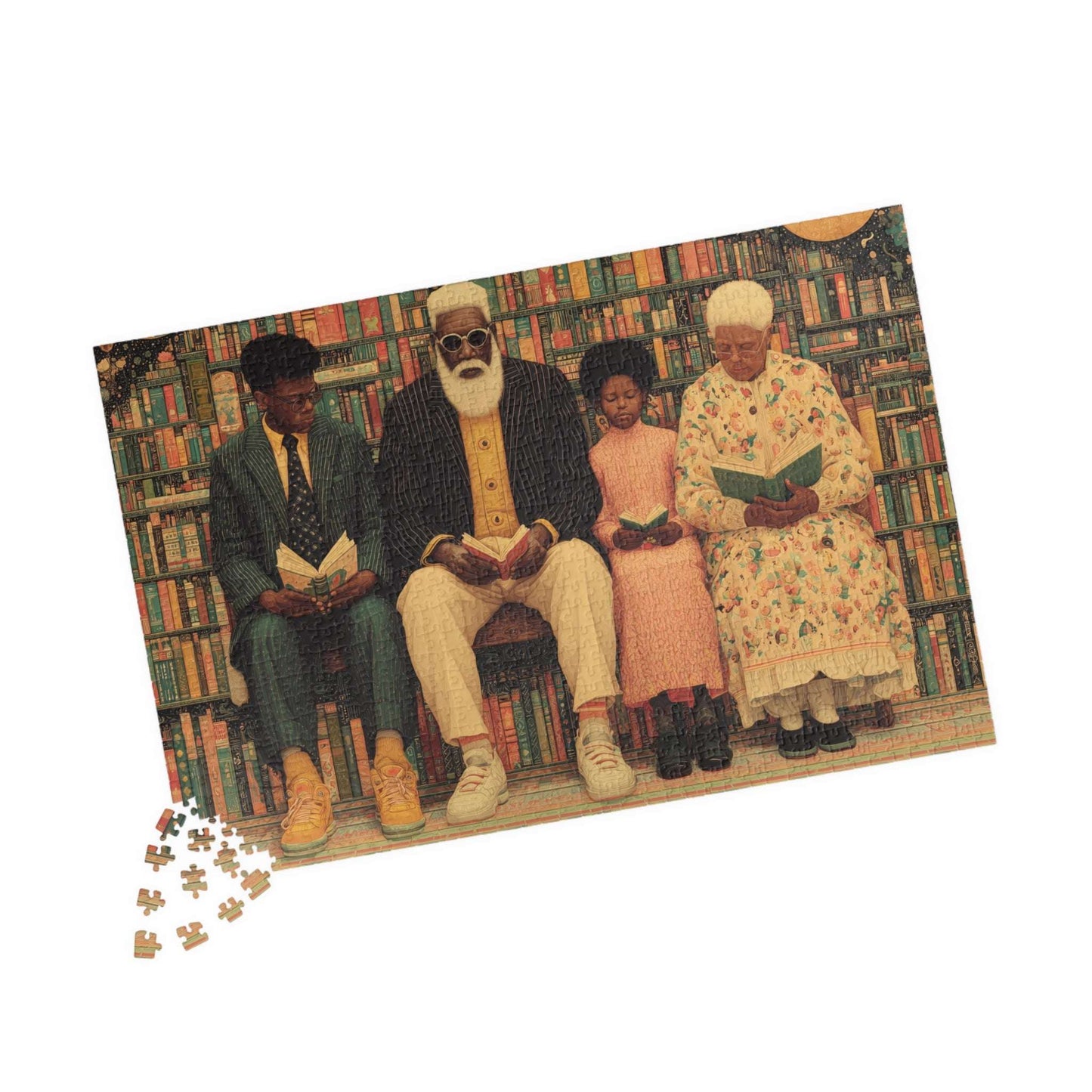 Black Art Jigsaw Puzzle - Afrocentric Community Library Scene with Family Reading Together, Thoughtful Holiday or Birthday Gift 1014 pcs (Horizontal) Puzzle The Puzzle Chest