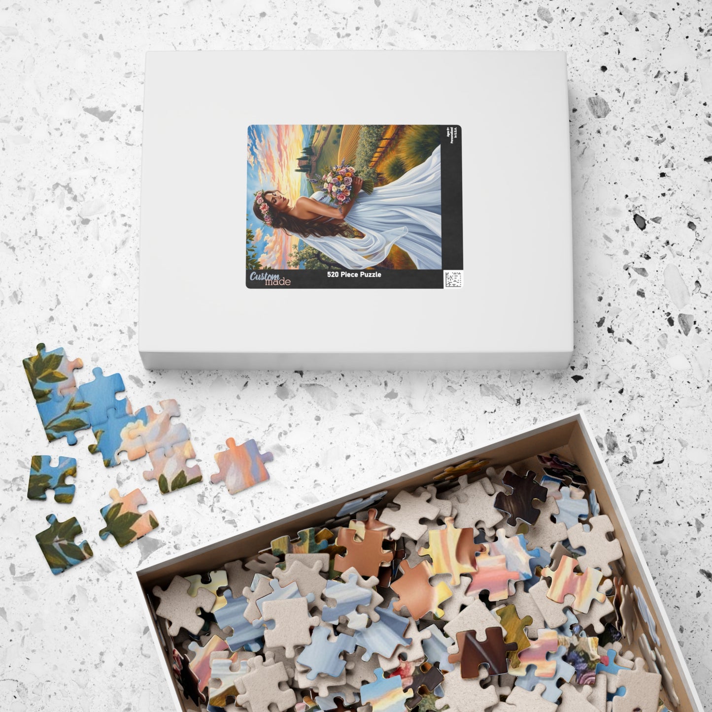 Elegant Italian Bride Jigsaw Puzzle, White Gown Floral Crown Wildflower Bouquet, Tuscan Vineyard Romantic Wedding, Puzzle Enthusiast Gift Puzzle The Puzzle Chest