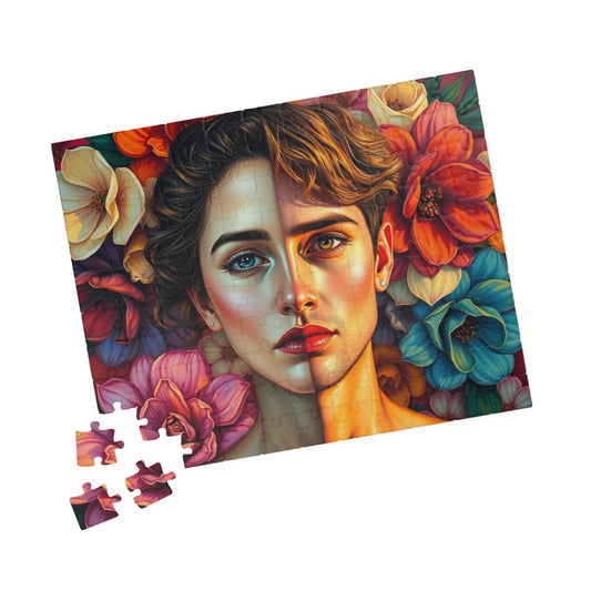 LGBTQ+ Surrealist Self-Portrait Jigsaw Puzzle, Androgynous Subject (Femme/Masc Halves), Gift for Art Lover, Game Night, Pride Month 110 pcs (Horizontal) Puzzle The Puzzle Chest