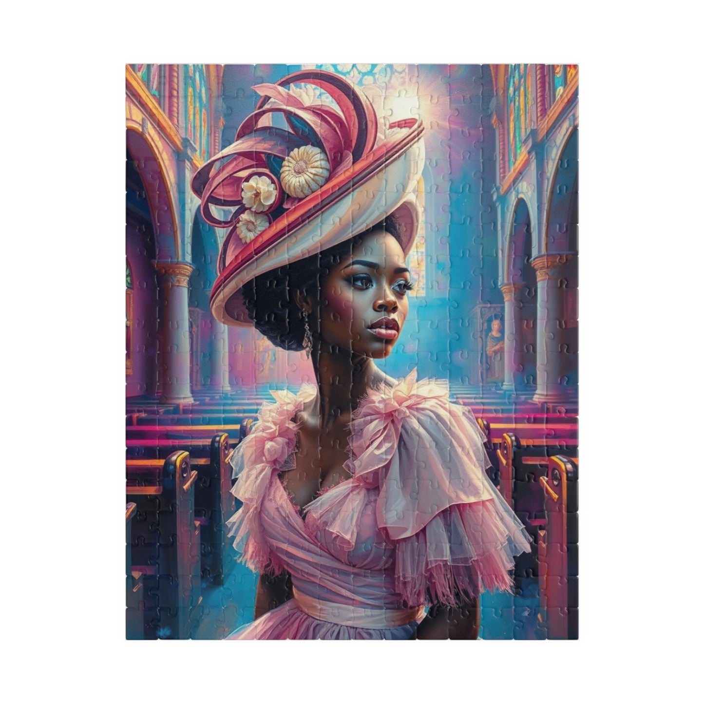 Black Woman in Church Puzzle, African American Lady in Pastel Dress Spiritual Jigsaw Game, Cultural Ethnic Art, Unique Gift for Puzzle Lover 252 pcs (Vertical) Puzzle The Puzzle Chest
